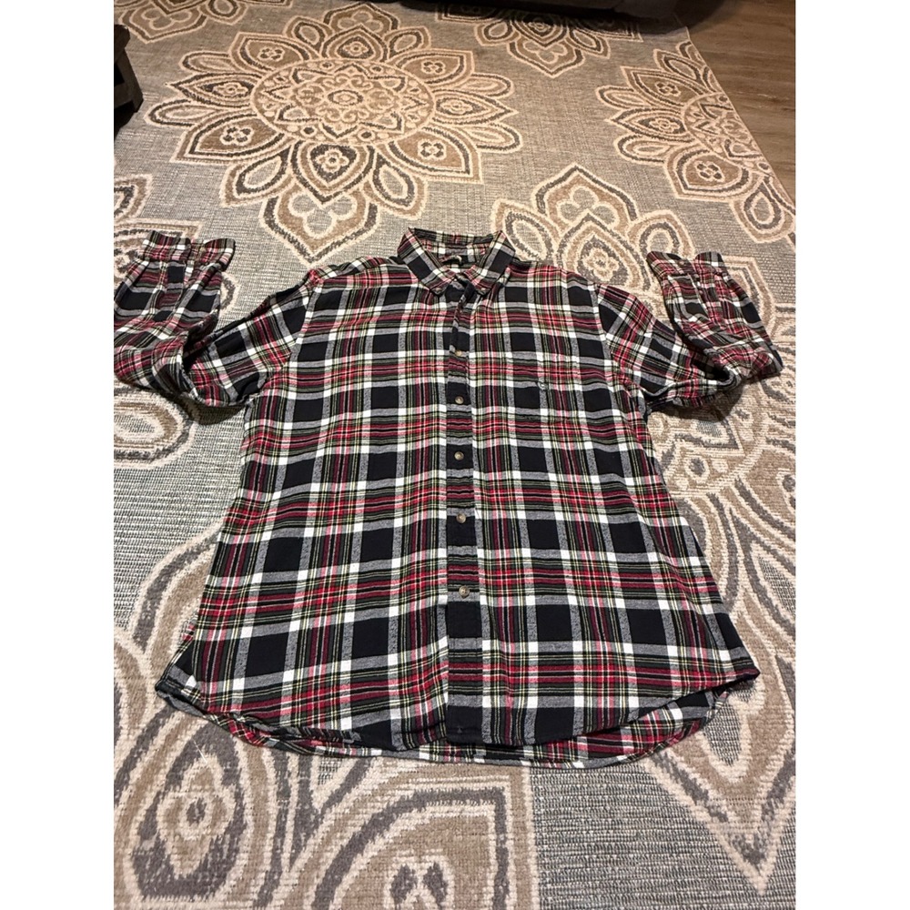 Chaps Mens XL Flannel Shirt Black Red White Plaid Cotton Button Down Long Sleeve